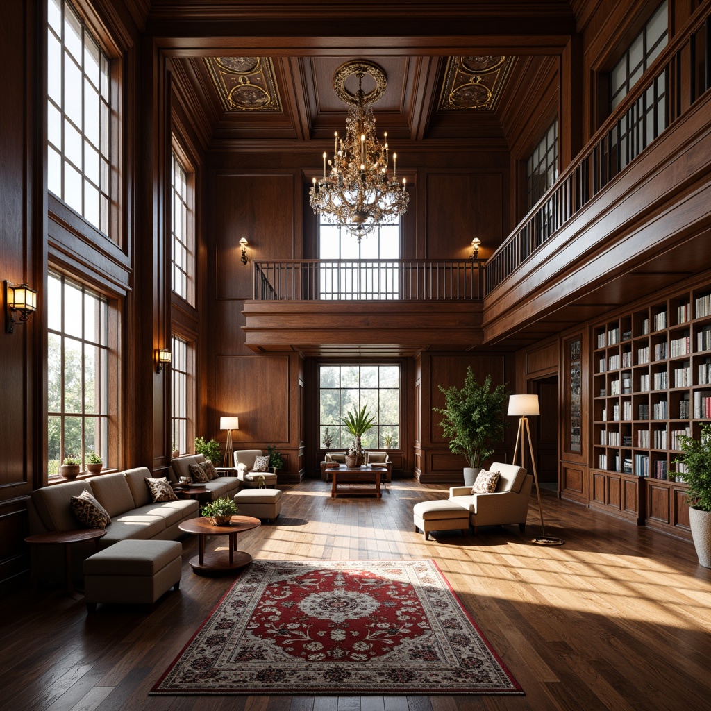 Prompt: Elegant great room, academic style, rich wood flooring, dark-stained hardwood, polished finish, intricate patterns, luxurious rugs, plush textures, comfortable seating areas, grand chandeliers, high ceilings, tall windows, neutral color palette, sophisticated ambiance, warm lighting, soft shadows, 1/1 composition, realistic reflections, ambient occlusion.