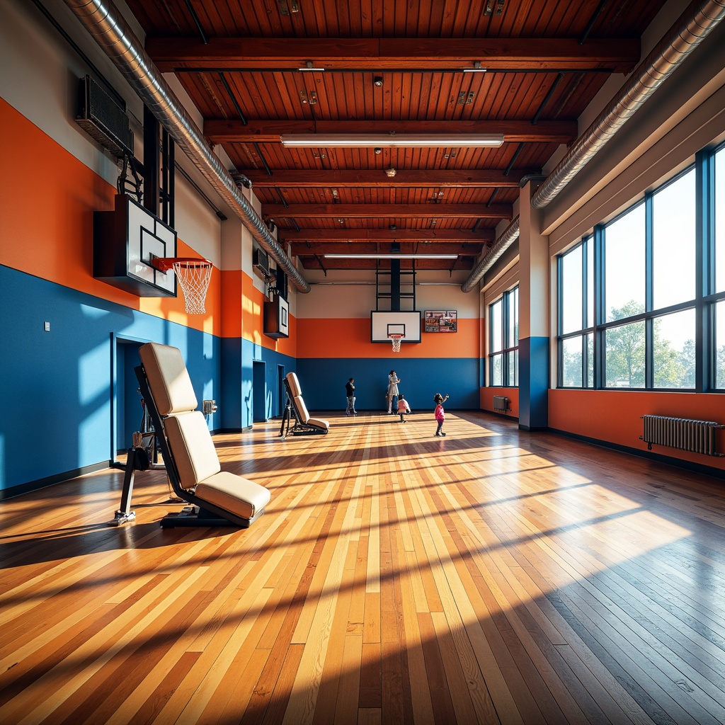 Prompt: Vibrant gymnasium interior, bold athletic colors, dynamic sports equipment, wooden flooring, metal beams, natural light pouring in, large windows, modern industrial design, exposed ductwork, urban vibe, energetic atmosphere, warm and inviting ambiance, softbox lighting, high-contrast shadows, realistic textures, ambient occlusion, 1/1 composition, cinematic camera angles.