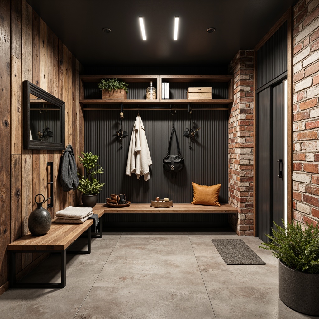 Prompt: Rustic mudroom, industrial-style decor, concrete flooring, metal accents, reclaimed wood planks, distressed finishes, exposed brick walls, urban chic vibe, functional storage units, galvanized steel shelves, industrial lighting fixtures, matte black hardware, natural stone tiles, porcelain pavers, epoxy resin coatings, textured rubber mats, bold color schemes, high-contrast lighting, shallow depth of field, 1/1 composition, realistic reflections, ambient occlusion.