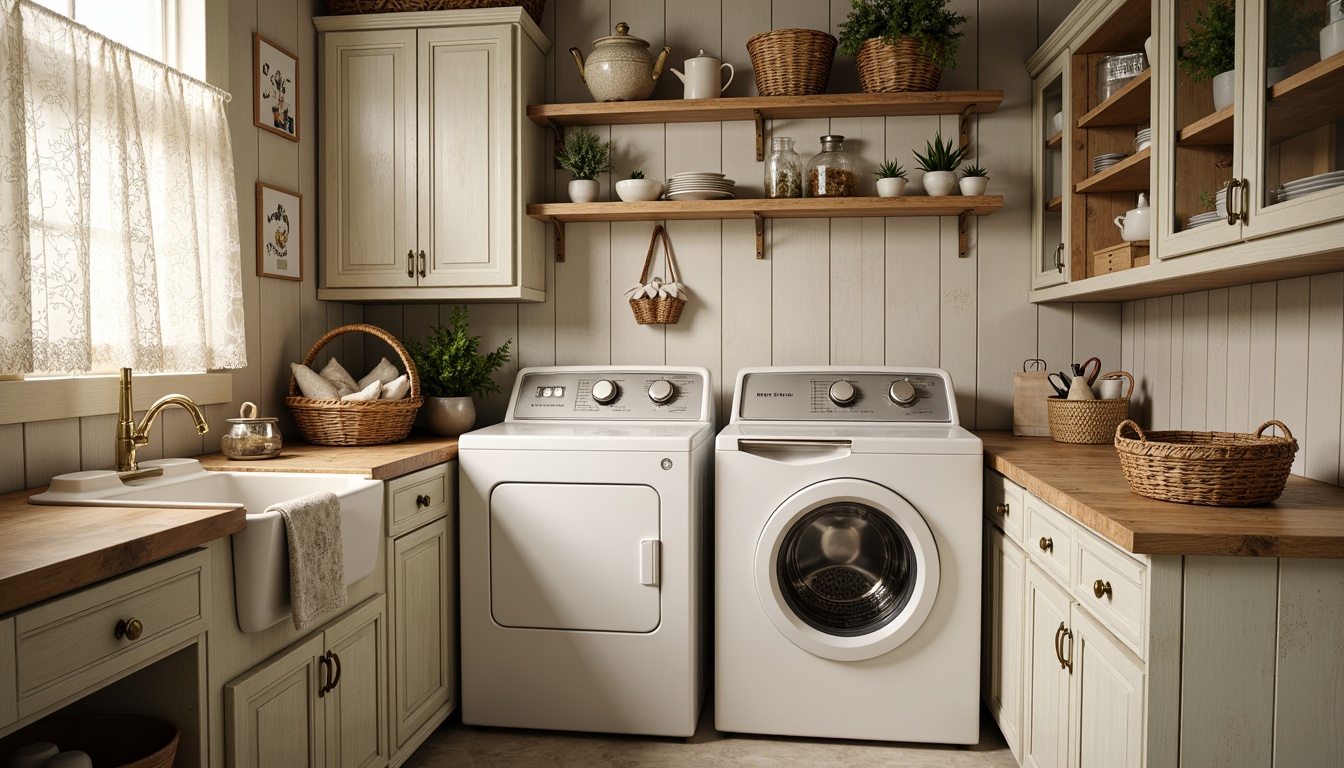 Prompt: Vintage laundry room, distressed wooden cabinets, soft pastel colors, lace curtains, antique washing machines, ornate metal details, floral patterns, delicate porcelain accents, rustic wooden shelves, woven wicker baskets, creamy whites, warm beige tones, natural linen fabrics, subtle texture overlays, warm soft lighting, shallow depth of field, 1/2 composition, realistic fabric simulations.