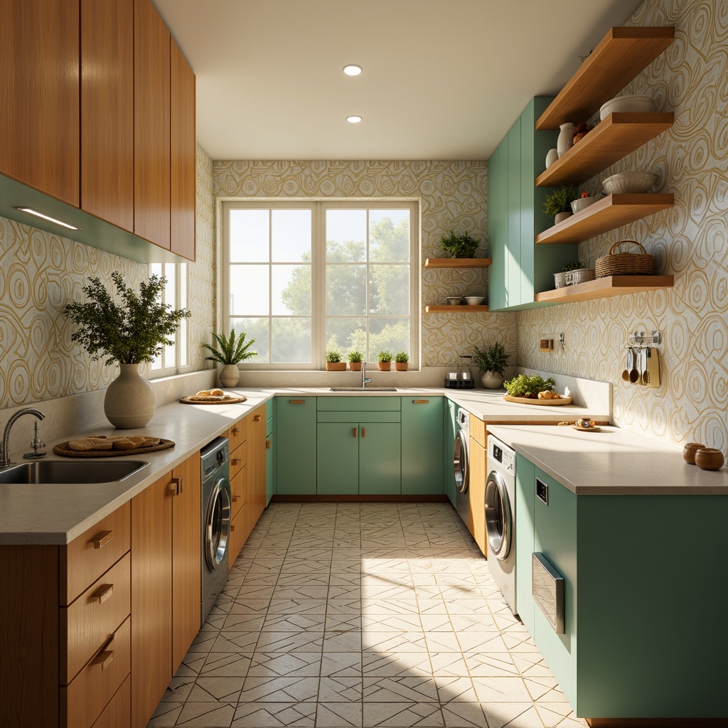 Prompt: Retro-style laundry room, vintage washing machines, sleek mid-century modern appliances, pastel-colored cabinets, geometric patterned tiles, natural wood accents, minimalist decor, soft warm lighting, shallow depth of field, 1/1 composition, realistic textures, ambient occlusion, retro-futuristic details, circular motifs, bold colorful accents, functional shelving units, decorative storage baskets.