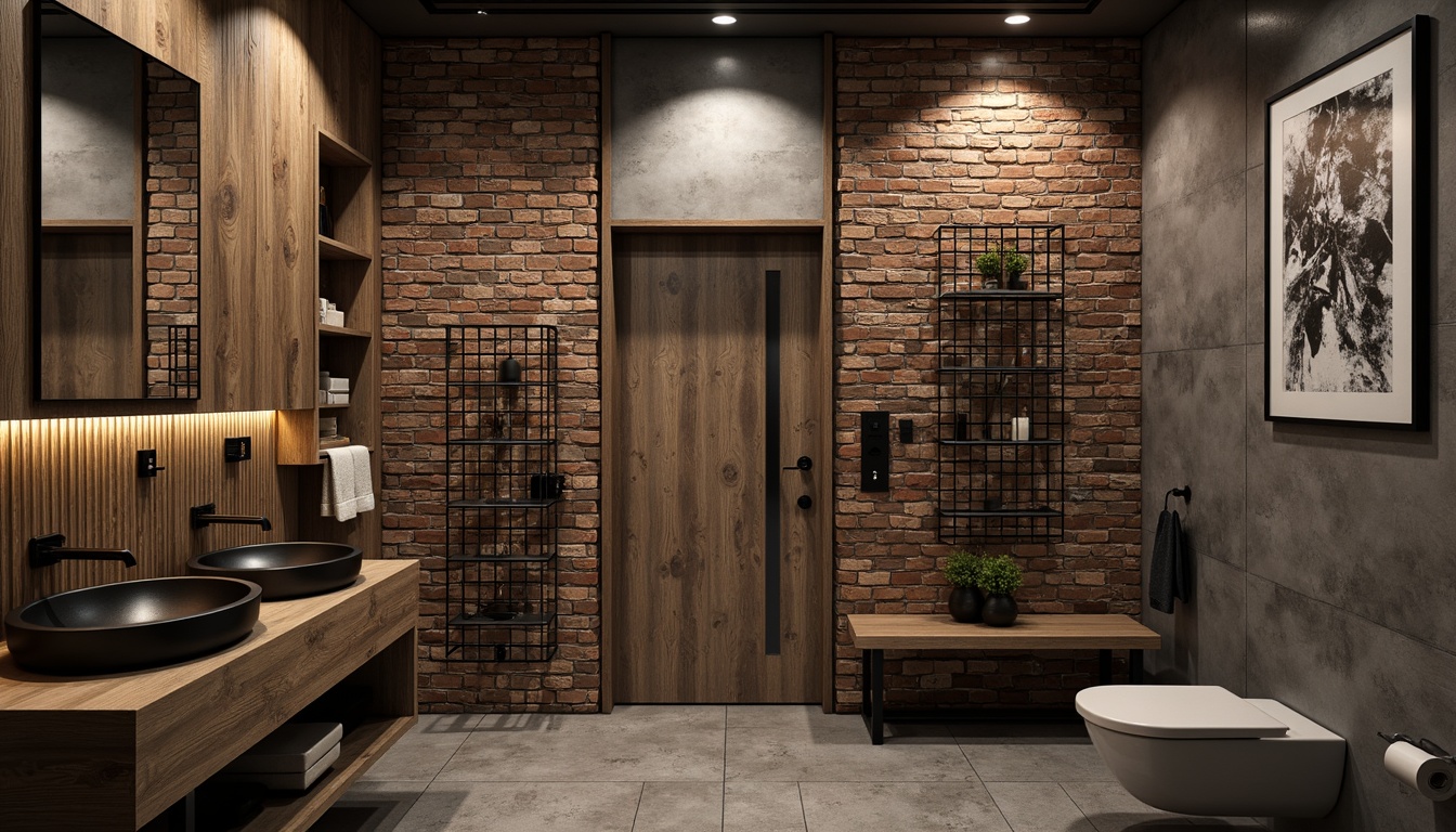 Prompt: Exposed brick walls, industrial metal accents, reclaimed wood panels, polished concrete floors, minimalist lighting fixtures, urban modern aesthetic, powder room essentials, metallic tone color palette, distressed finishes, edgy textures, geometric patterns, bold accent walls, functional shelving, industrial-style sinks, matte black faucets, rough-hewn wooden countertops, decorative metal grids, abstract artwork, moody atmospheric lighting, shallow depth of field, 2/3 composition, realistic rendering.