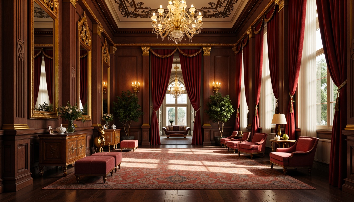 Prompt: Opulent hall, grand chandelier, intricately carved wooden paneling, rich velvet drapes, gilded mirrors, ornate furniture legs, luxurious upholstery, tufted ottomans, golden accents, lavish textiles, soft warm lighting, shallow depth of field, 1/1 composition, realistic reflections, ambient occlusion.