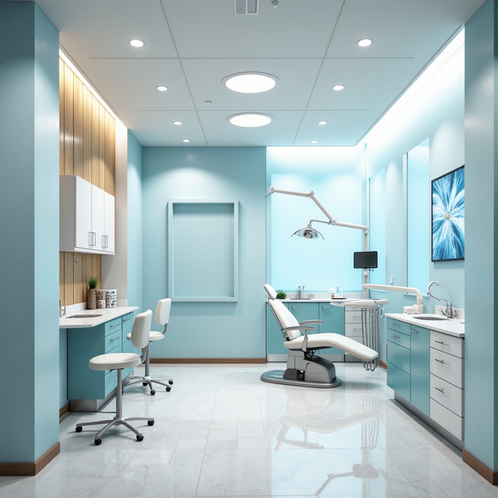 Prompt: Sterile dental clinic, calming ambiance, soft pastel colors, hygienic white surfaces, gentle lighting, subtle texture variations, matte finishes, easy-to-clean materials, stainless steel accents, minimal ornamentation, functional simplicity, modern aesthetic, rectangular shapes, flat-panel displays, LED lighting, calming blue tones, natural wood trim, anti-microbial coatings, durable epoxy paint, acoustic panels, sound-absorbing materials, minimalist decor.