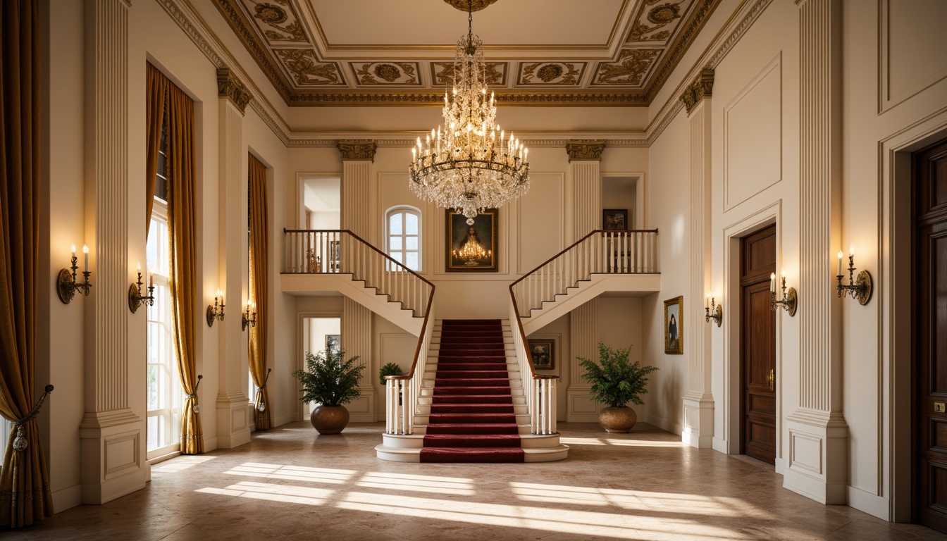 Prompt: Elegant neoclassical interior, ornate chandeliers, soft warm lighting, subtle shadows, cream-colored walls, rich wood paneling, intricate moldings, grand staircase, luxurious fabrics, velvet drapes, crystal sconces, bronze fixtures, sophisticated color palette, dramatic ceiling heights, symmetrical composition, 1/2 composition, warm golden tones, ambient occlusion, realistic reflections.