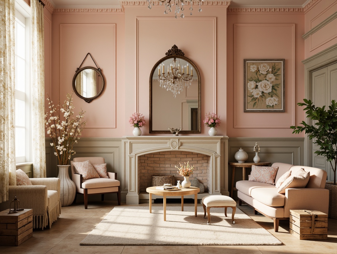 Prompt: Soft peach walls, distressed wood accents, vintage furniture, lace curtains, floral patterns, pastel colors, creamy whites, weathered metal decor, rustic wooden crates, ornate mirrors, elegant chandeliers, warm beige flooring, natural textiles, delicate porcelain vases, soft candlelight, romantic ambiance, 1/2 composition, warm golden lighting, realistic textures.