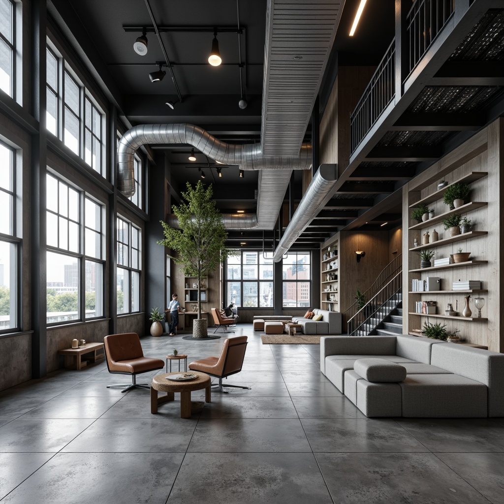 Prompt: Monochromatic color scheme, sleek metal furniture, minimalist decor, open floor plan, multi-functional spaces, compact storage solutions, wall-mounted shelves, hidden lighting systems, industrial materials, concrete floors, exposed ductwork, urban loft atmosphere, abundant natural light, 1/1 composition, shallow depth of field, realistic textures, ambient occlusion.