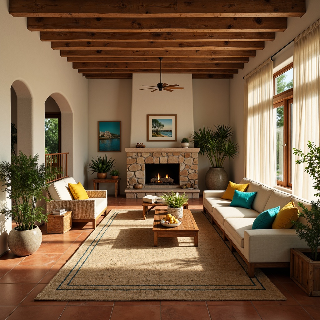 Prompt: Warm Mediterranean family room, earthy terracotta floors, soft cream walls, distressed wood furniture, woven natural fiber rugs, vibrant turquoise accents, sunny yellow throw pillows, lush greenery, potted plants, rustic stone fireplace, cozy reading nooks, plush velvet sofas, natural linen drapes, warm golden lighting, shallow depth of field, 2/3 composition, intimate atmosphere, realistic textures, ambient occlusion.