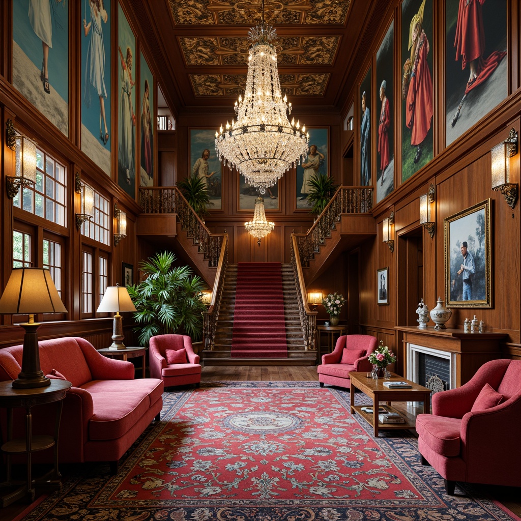 Prompt: Luxurious interior space, ornate chandeliers, intricately patterned rugs, velvet upholstery, gilded frames, carved wooden accents, vibrant colorful tapestries, metallic accessories, grandiose staircase, majestic high ceilings, crystal lighting fixtures, opulent furnishings, lavish textiles, intricate moldings, eclectic decorative pieces, warm ambient glow, shallow depth of field, 1/2 composition, realistic renderings.