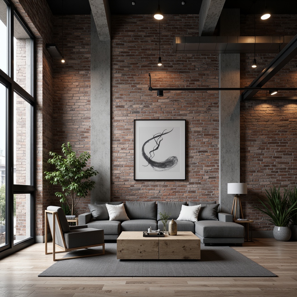 Prompt: Exposed brick walls, rough concrete textures, industrial-chic metal accents, reclaimed wood planks, distressed finishes, urban loft atmosphere, high ceilings, steel beams, pendant lighting, modern minimalist decor, monochromatic color scheme, neutral tones, matte surfaces, subtle sheen, abstract art pieces, industrial-style furniture, functional decorative elements, raw unfinished look, dramatic shadowing, moody ambient lighting, 1/1 composition, low-angle shot.