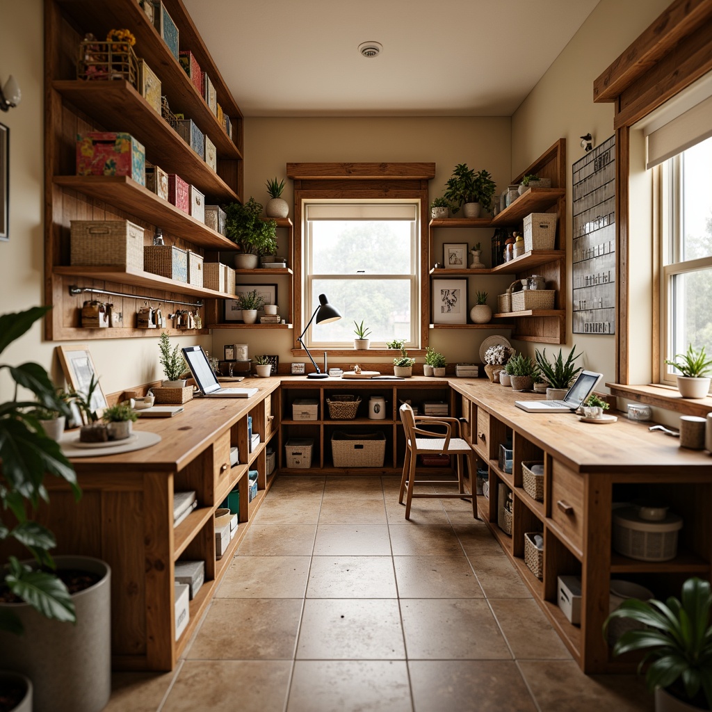 Prompt: Cozy craft room, wooden workbenches, organized storage solutions, rustic wooden crates, colorful fabric bins, woven baskets, metal shelving units, pegboards with hooks, adjustable desk lamps, warm beige walls, soft natural lighting, 1/1 composition, shallow depth of field, realistic textures, ambient occlusion.