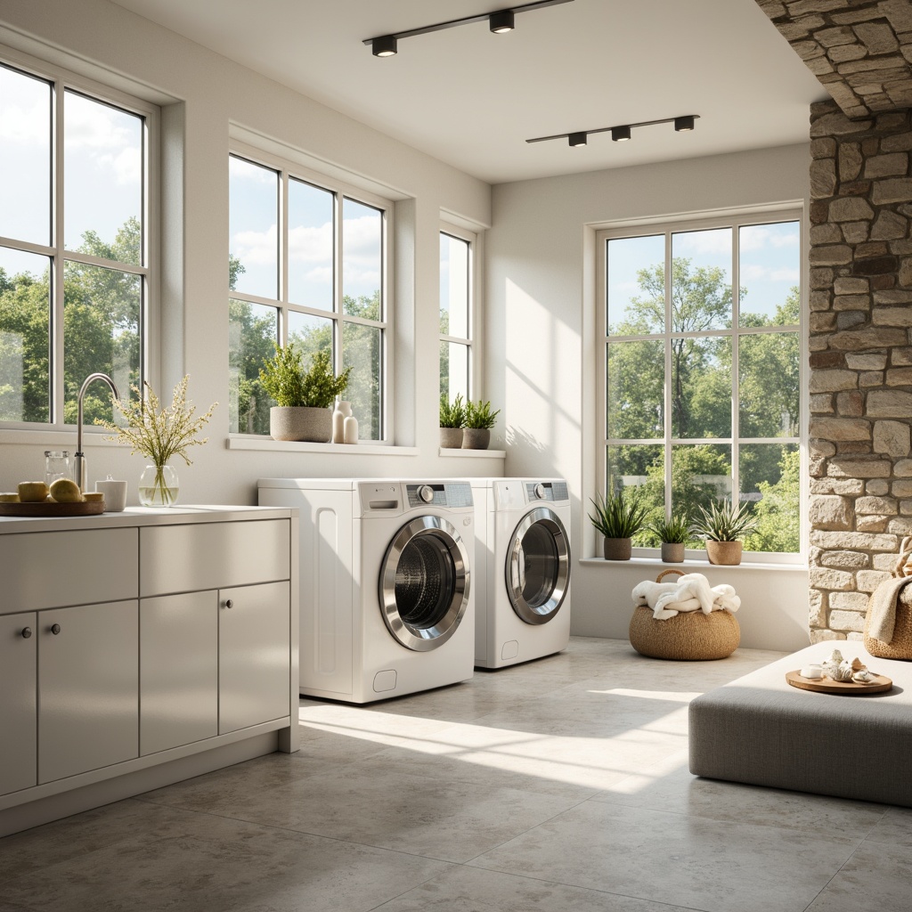 Prompt: Soft whites, creamy beiges, pale blues, gentle greens, warm neutrals, modern laundry machines, sleek metal surfaces, minimalist design, natural stone floors, large windows, abundant natural light, soft warm lighting, cozy atmosphere, 3/4 composition, panoramic view, realistic textures, ambient occlusion.