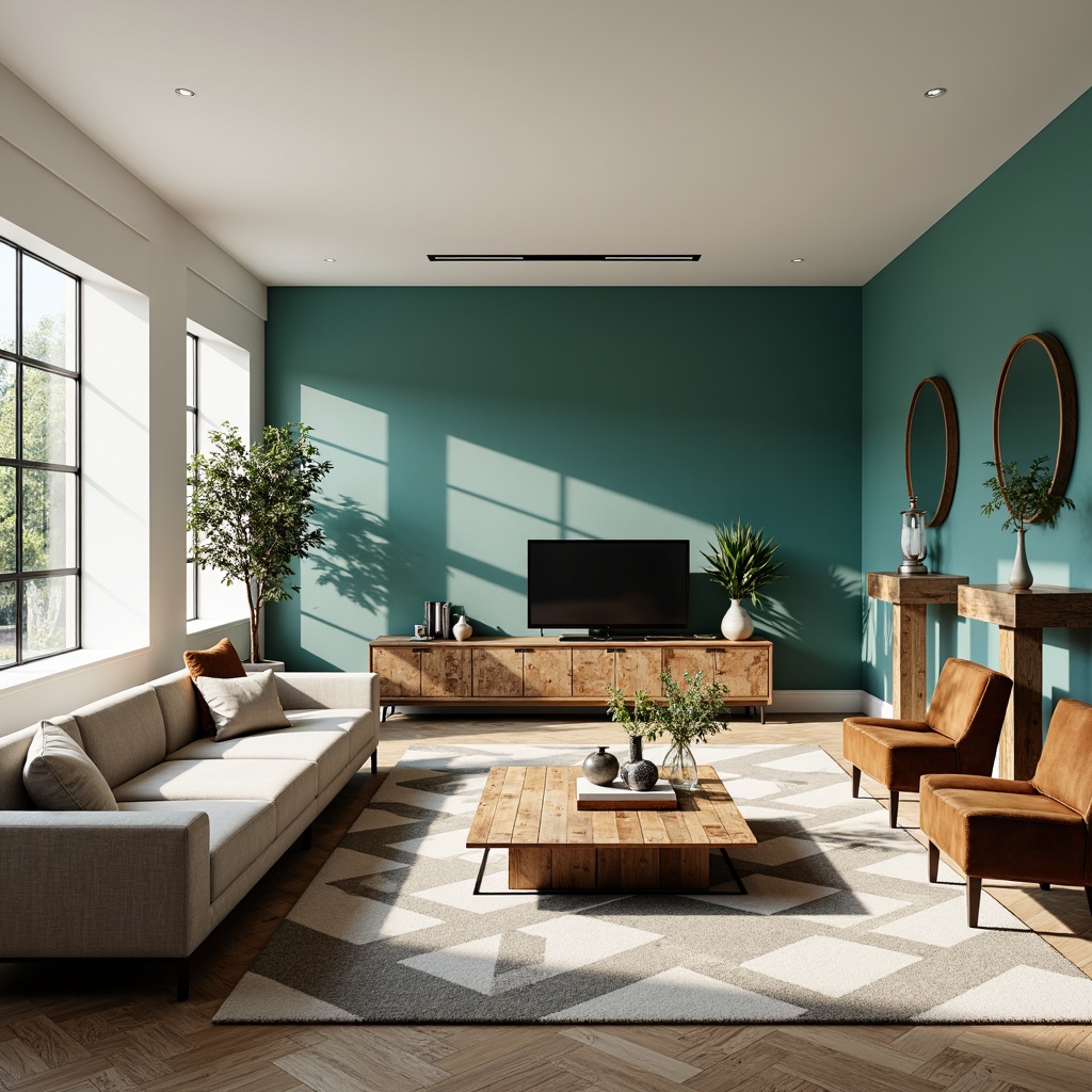 Prompt: Modern living room, sleek low-profile sofa, minimalist coffee table, geometric-patterned rug, industrial metal floor lamp, rustic wooden side tables, plush velvet armchairs, luxurious marble console tables, vibrant turquoise accent walls, natural light pouring in, airy atmosphere, soft warm glow, 1/1 composition, realistic textures, ambient occlusion.