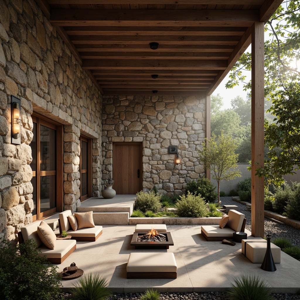 Prompt: Rustic stone walls, earthy tone accents, natural rock formations, organic textures, weathered wooden beams, vintage metal fixtures, distressed finishes, cozy candle lighting, warm beige color palette, inviting fire pit, ambient outdoor seating, lush greenery surroundings, misty morning atmosphere, soft warm lighting, shallow depth of field, 3/4 composition, realistic textures, ambient occlusion.