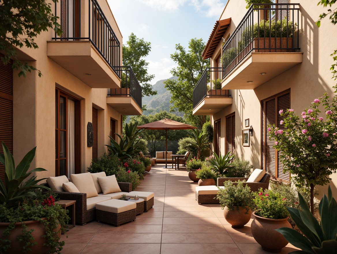 Prompt: Warm Mediterranean villa, ornate ironwork balconies, rustic wooden shutters, flowing white curtains, billowy drapes, natural linen fabrics, earthy terracotta pots, lush greenery, vibrant bougainvillea flowers, soft warm lighting, shallow depth of field, 3/4 composition, panoramic view, realistic textures, ambient occlusion.