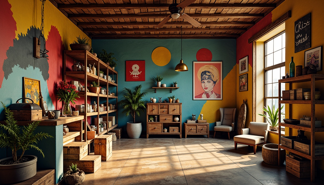 Prompt: Vibrant storage room, bold color palette, expressionist design, abstract shapes, industrial materials, rusty metal shelves, wooden crates, eclectic decor, vintage furniture, distressed finishes, warm golden lighting, soft shadows, 1/1 composition, shallow depth of field, moody atmosphere, textured brushstrokes, impressionist colors.