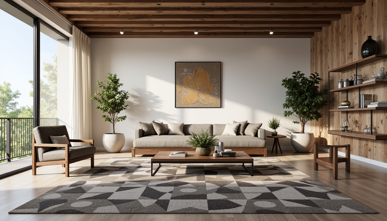 Prompt: Modern minimalist living room, sleek low-profile sofas, geometric-patterned rugs, industrial metal coffee tables, reclaimed wood accent walls, floor-to-ceiling windows, urban loft-inspired decor, airy open spaces, soft warm lighting, 1/1 composition, shallow depth of field, realistic textures, ambient occlusion.