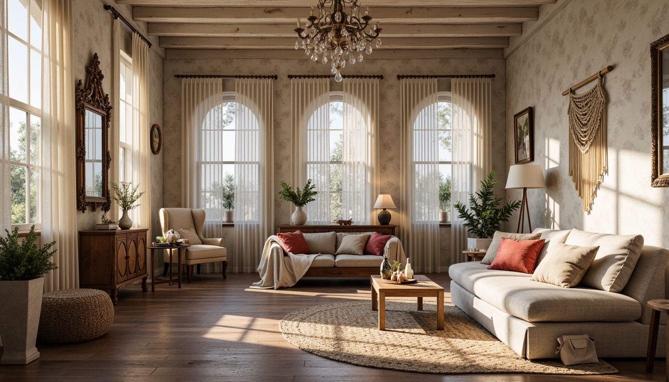 Prompt: Distressed finishes, vintage ornate mirrors, soft pastel hues, lace curtains, floral patterns, worn wood floors, antique furniture pieces, delicate porcelain vases, distressed metalware, rustic candle holders, woven baskets, natural fiber rugs, romantic chandeliers, warm golden lighting, cozy reading nooks, plush velvet throw pillows, delicate macrame wall hangings.