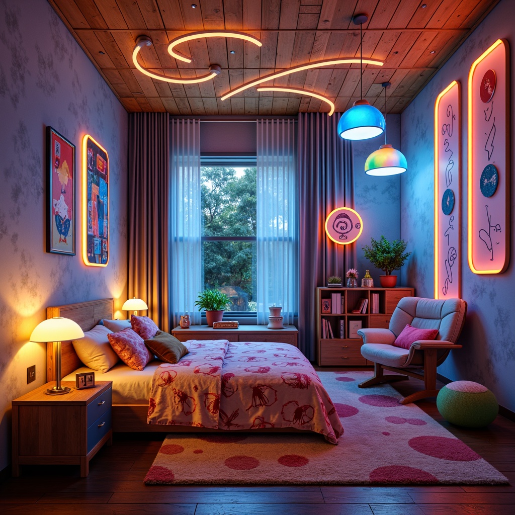 Prompt: Whimsical kids' bedroom, bold color scheme, eclectic furniture, playful textures, abstract artwork, futuristic lighting fixtures, LED strip lights, neon signs, glowing accents, fiber-optic chandeliers, moon-shaped lamps, cloud-inspired ceiling lights, colorful glass pendant lights, modern minimalist table lamps, adjustable arm lamps, soft warm glow, cozy atmosphere, 1/1 composition, shallow depth of field, realistic textures.