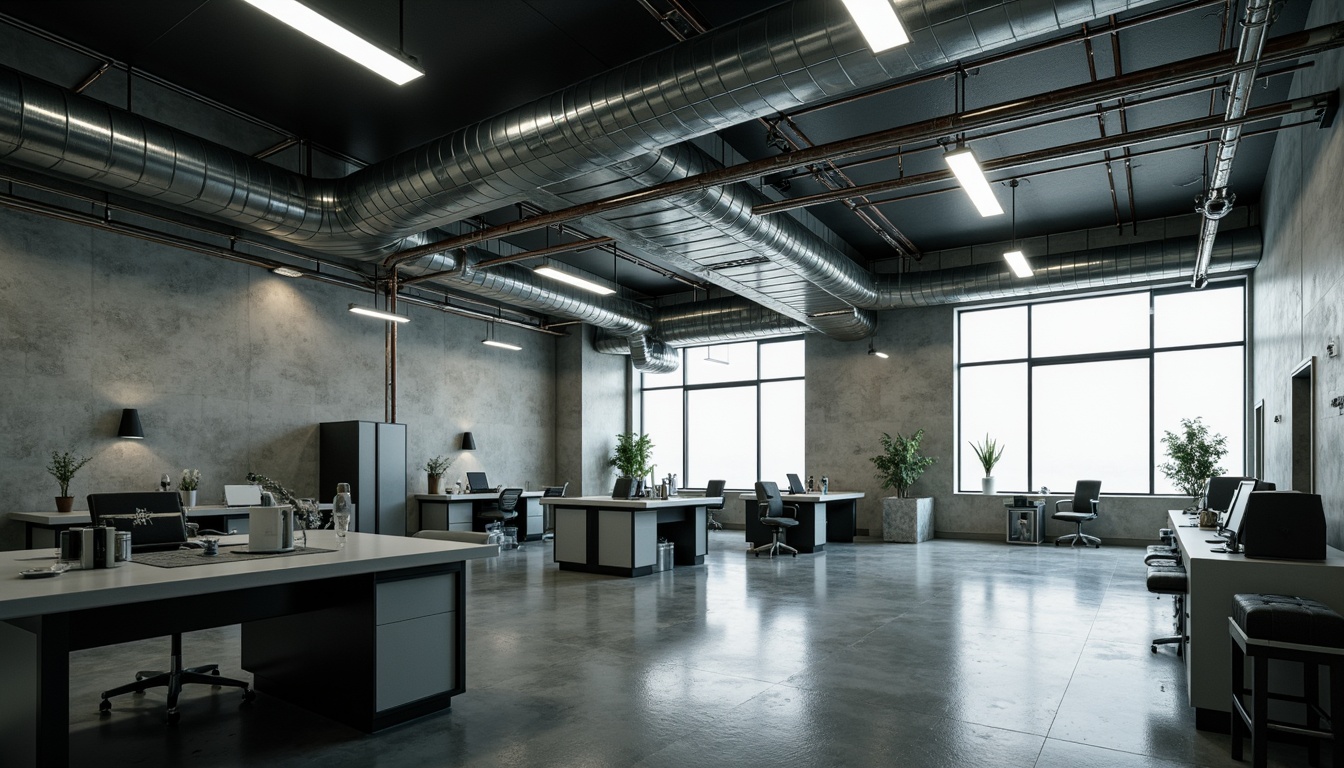 Prompt: Rugged laboratory interior, exposed ductwork, raw concrete walls, metal beams, industrial lighting, sleek workstations, futuristic equipment, minimalist decor, brutalist architecture, functional layout, high ceilings, abundant natural light, dramatic shadows, cinematic atmosphere, 1/1 composition, high-contrast lighting, realistic textures, ambient occlusion.