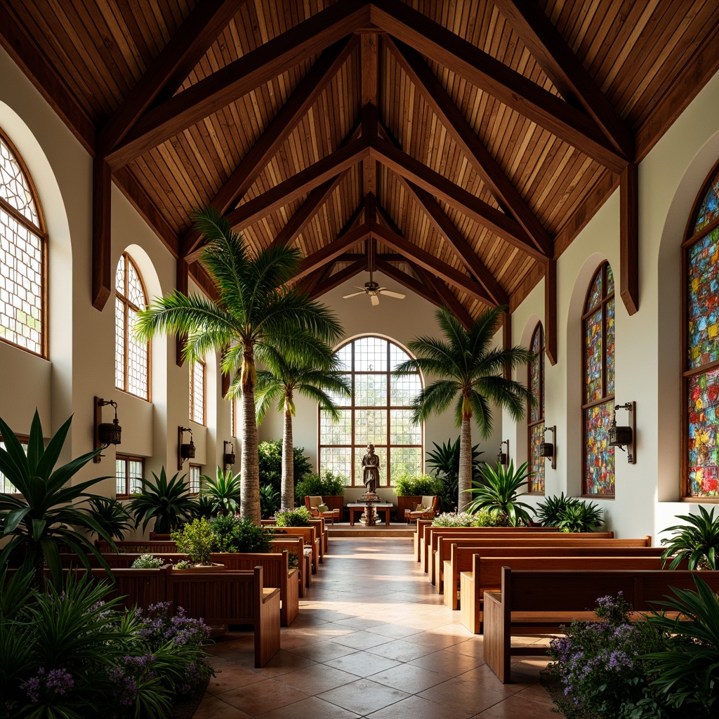 Prompt: Tropical church interior, vaulted ceilings, wooden beams, stained glass windows, warm natural lighting, soft diffused illumination, lush greenery, palm trees, exotic flowers, intricate stone carvings, ornate wooden accents, colorful tapestries, vibrant cultural patterns, rustic wooden pews, tranquil ambiance, serene atmosphere, 1/2 composition, shallow depth of field, warm color palette, realistic textures.