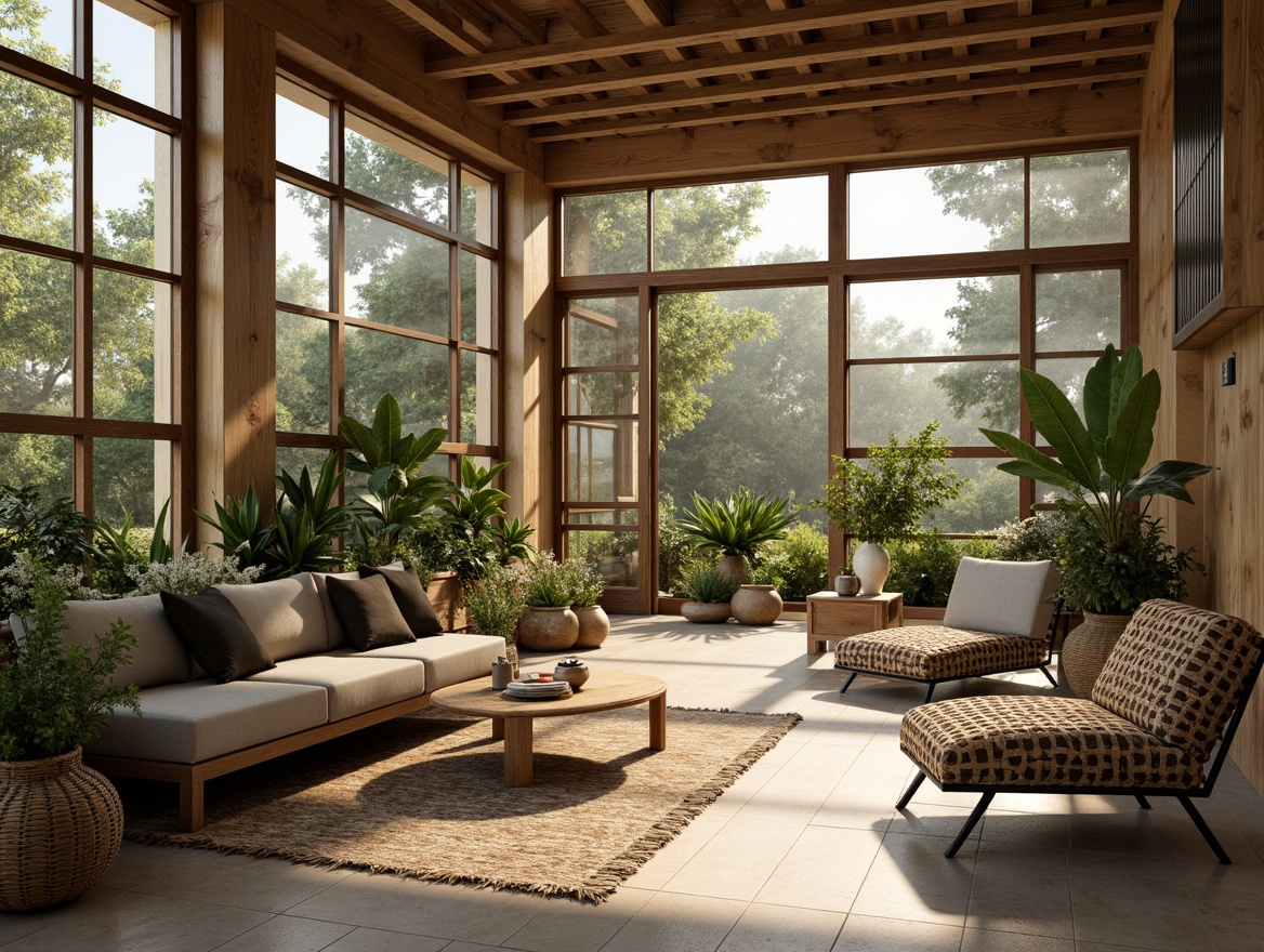 Prompt: Sleek zoo-themed interior, minimalist decor, functional furniture, natural wood tones, woven rattan chairs, rustic metal frames, earthy color palette, subtle animal patterns, woven baskets, potted greenery, large windows, abundant natural light, soft warm ambiance, 1/1 composition, shallow depth of field, realistic textures, ambient occlusion.