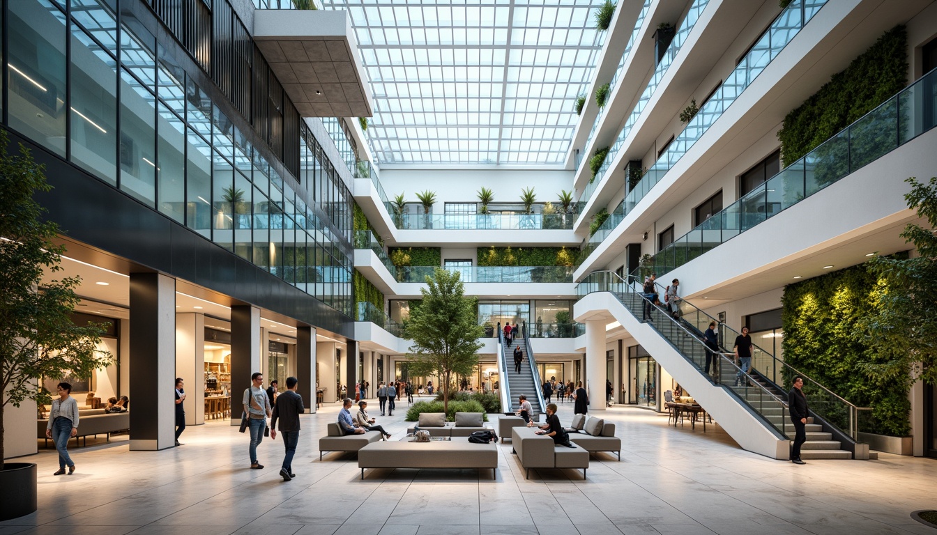 Prompt: Modern shopping mall, sleek glass facades, spacious atriums, natural light pouring in, elegant escalators, polished marble floors, vibrant green walls, comfortable seating areas, stylish modern furniture, minimalist decor, subtle ambient lighting, shallow depth of field, 3/4 composition, panoramic view, realistic textures, ambient occlusion.