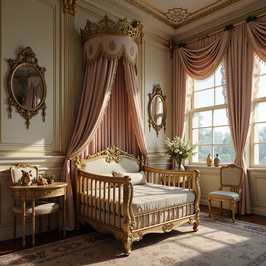 Prompt: Richly ornate crib, lavish gold accents, soft cream walls, intricately carved wooden furniture, plush velvet drapes, ornamental mirrors, delicate lace trim, pastel pink and blue hues, subtle sheen fabrics, warm candlelight, intimate atmosphere, 1/2 composition, shallow depth of field, romantic warm lighting, elegant Baroque patterns, antique furnishings, luxurious textiles.