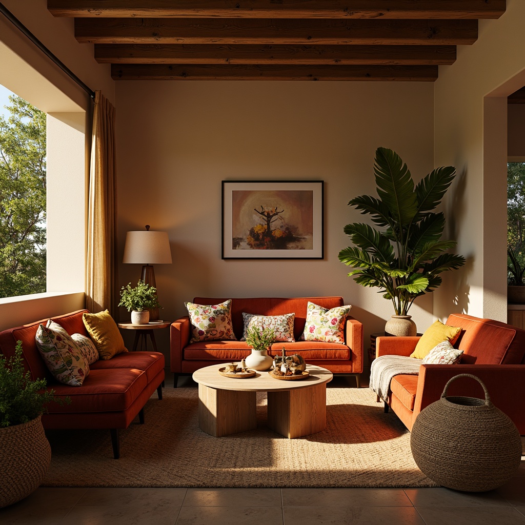 Prompt: Cozy living room, plush velvet sofas, soft cushioned armchairs, woven baskets, natural fiber rugs, earthy tone walls, wooden accent tables, warm floor lamps, comfortable throw blankets, vibrant colorful pillows, patterned ceramic vases, lush green plants, relaxing ambiance, calming atmosphere, warm golden lighting, 1/1 composition, shallow depth of field, realistic textures.