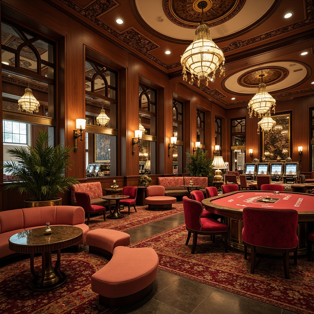 Prompt: Luxurious casino interior, ornate Art Nouveau furniture, curved lines, organic shapes, intricate carvings, metallic accents, velvet upholstery, rich wood tones, marble floors, grand chandeliers, opulent textiles, bold color palette, soft warm lighting, shallow depth of field, 1/2 composition, dramatic view, realistic reflections, ambient occlusion.