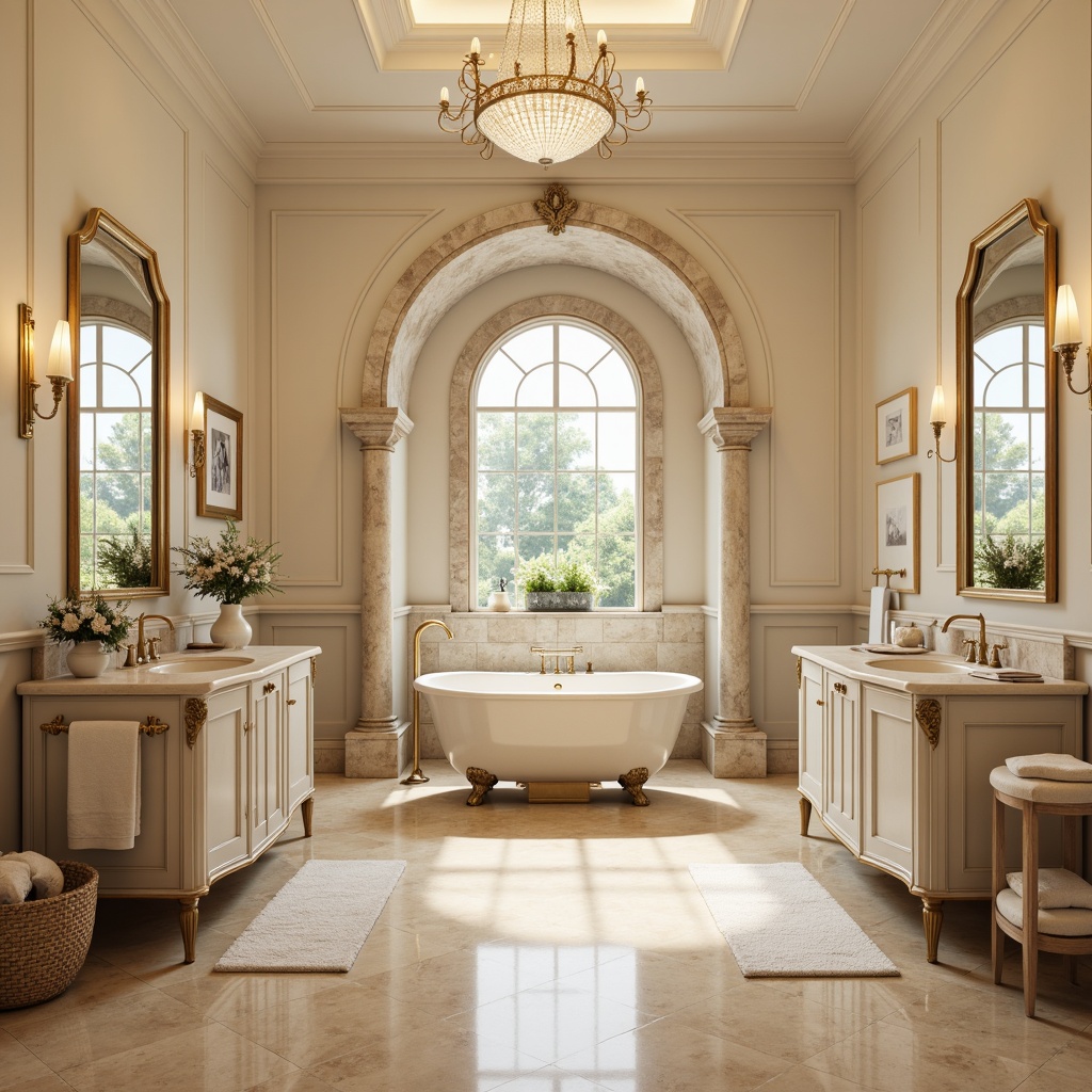 Prompt: Elegant bathroom, soft cream walls, warm beige marble floors, crisp white countertops, polished chrome fixtures, ornate gold accents, plush velvet towels, majestic freestanding tub, crystal chandelier, natural stone archways, subtle texture contrast, warm ambient lighting, shallow depth of field, 1/2 composition, realistic reflections.