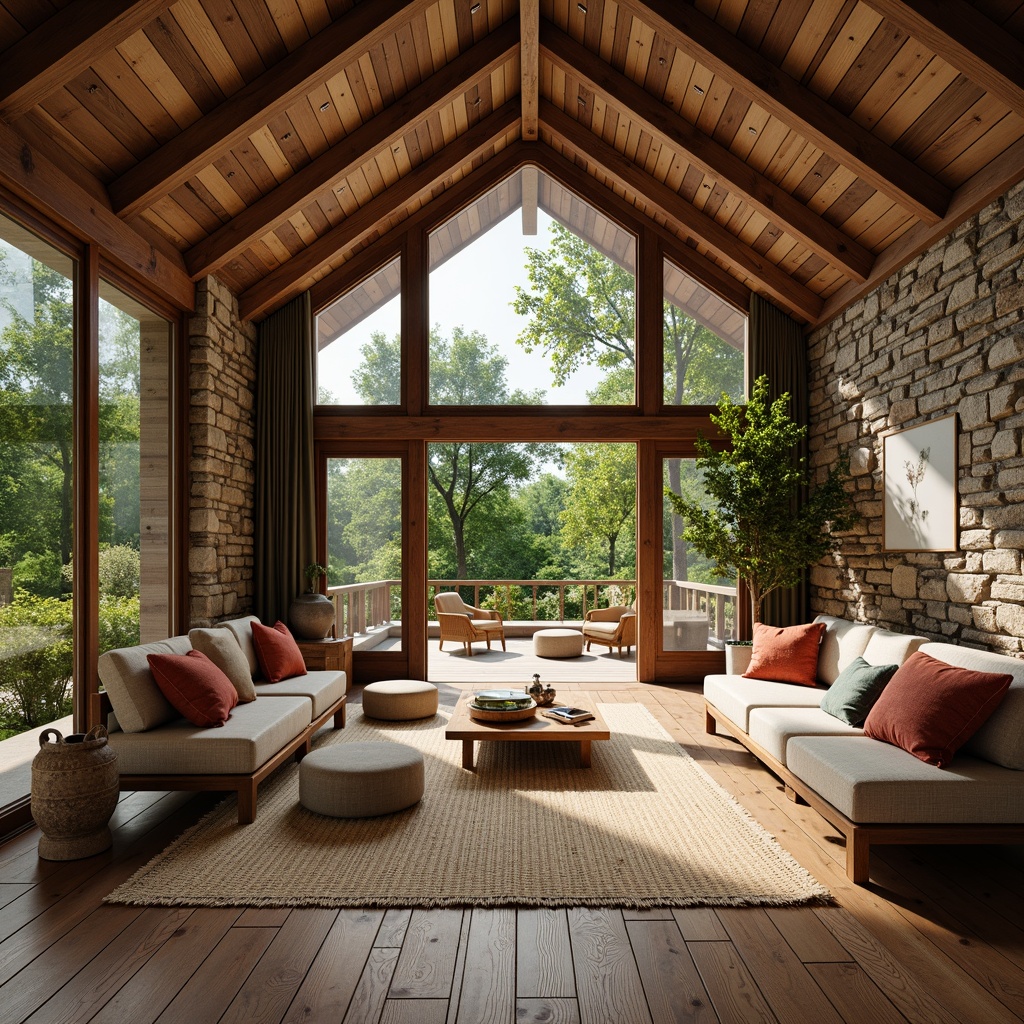 Prompt: Rustic wooden cabin, earthy tones, natural stone walls, green roof, living trees, organic shapes, reclaimed wood furniture, woven bamboo textiles, jute rugs, earthy ceramics, soft warm lighting, shallow depth of field, 3/4 composition, panoramic view, realistic textures, ambient occlusion.