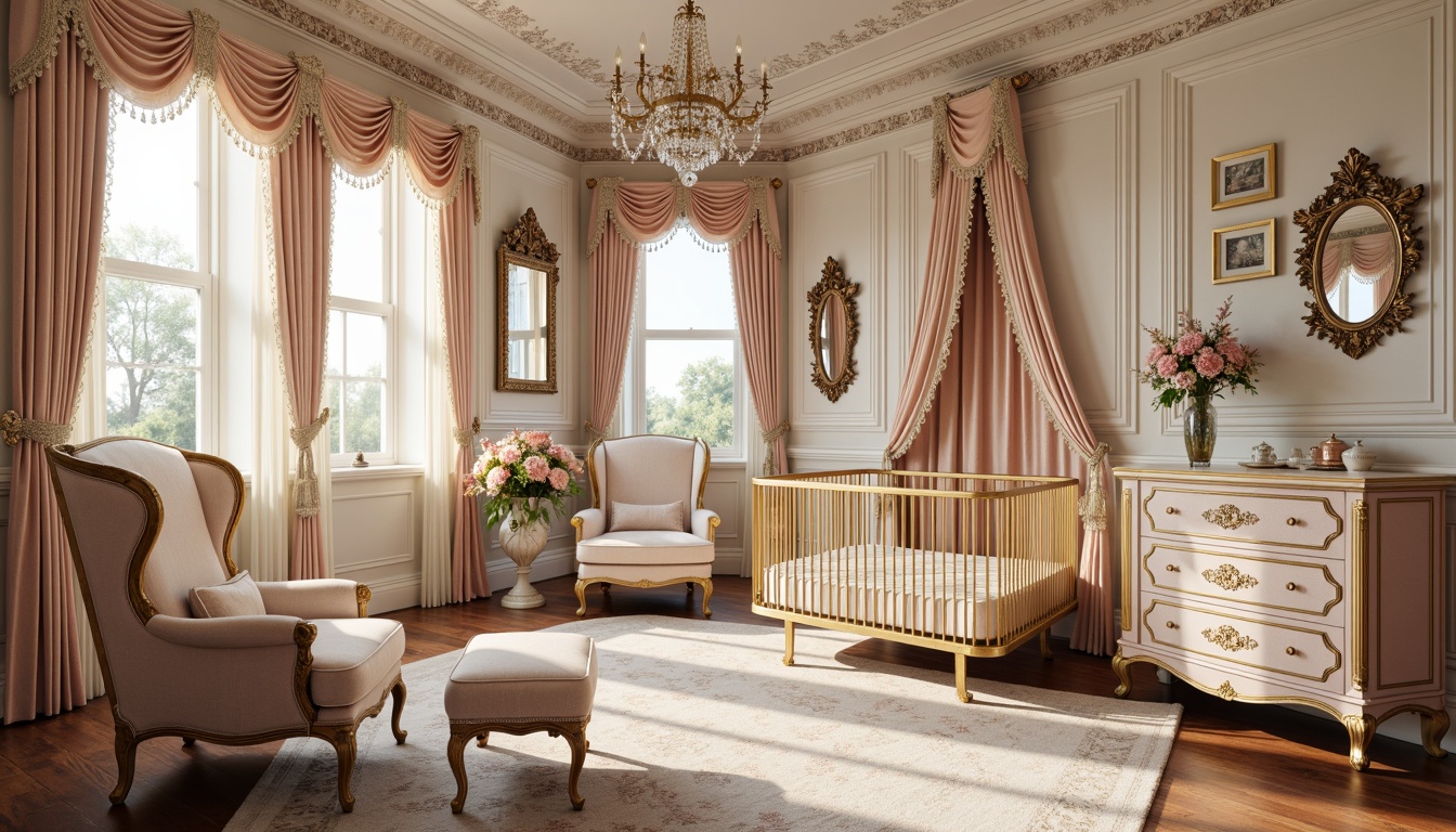 Prompt: Luxurious nursery, ornate furniture, intricate carvings, gilded accents, soft pastel colors, plush fabrics, velvet drapes, golden crib, crystal chandelier, delicate lace, ornate mirrors, curved lines, Rococo-inspired patterns, rich textures, warm lighting, shallow depth of field, 1/1 composition, realistic render, ambient occlusion.