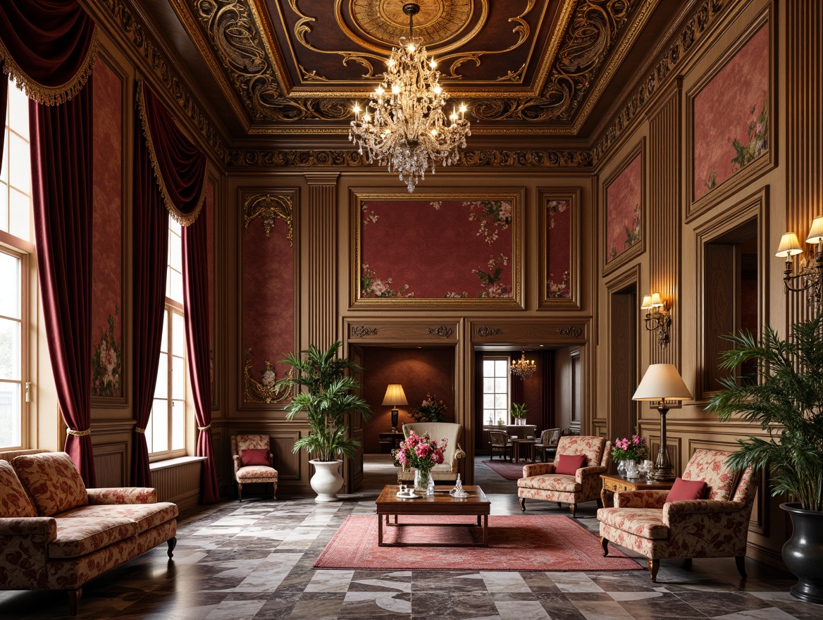 Prompt: Luxurious interior spaces, ornate furnishings, intricately carved wooden panels, gilded accents, crystal chandeliers, velvet drapes, marble floors, grand staircases, richly patterned rugs, opulent fabrics, Baroque-inspired moldings, Rococo-style ornaments, lavish decorative trim, regal color schemes, soft warm lighting, dramatic shadows, 1/1 composition, shallow depth of field, realistic textures, ambient occlusion.