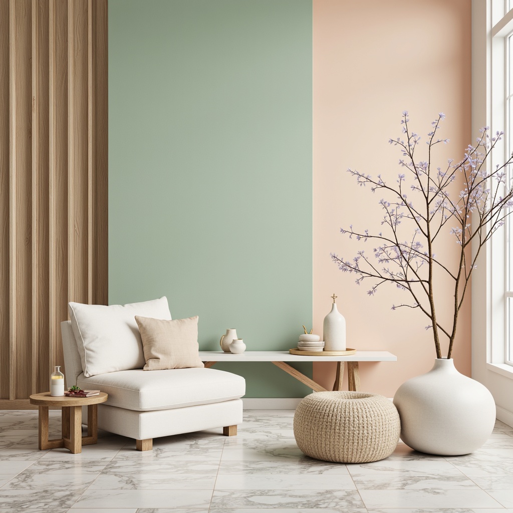 Prompt: Pastel hues, soft peach tones, calming mint greens, creamy whites, warm beige accents, gentle lavender shades, subtle golden highlights, rich charcoal grays, natural wood textures, elegant marble patterns, sophisticated neutral backgrounds, airy light atmosphere, shallow depth of field, 1/1 composition, realistic color blending, ambient occlusion.