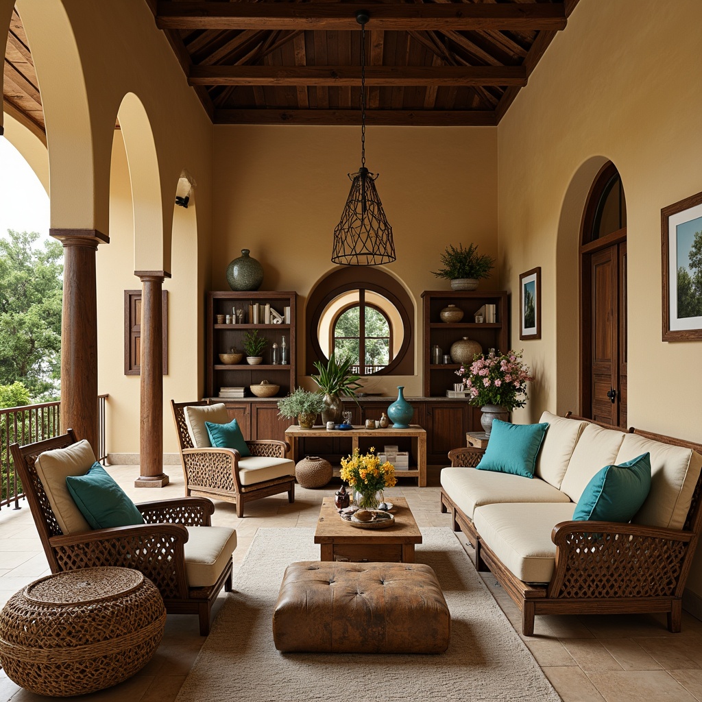 Prompt: Warm beige sofas, ornate wooden armchairs, plush velvet pillows, natural linen fabrics, rustic woven baskets, distressed leather ottomans, curved metal frames, intricate carvings, Mediterranean-inspired patterns, vibrant turquoise accents, rich walnut wood tones, soft golden lighting, shallow depth of field, 1/1 composition, realistic textures, ambient occlusion.