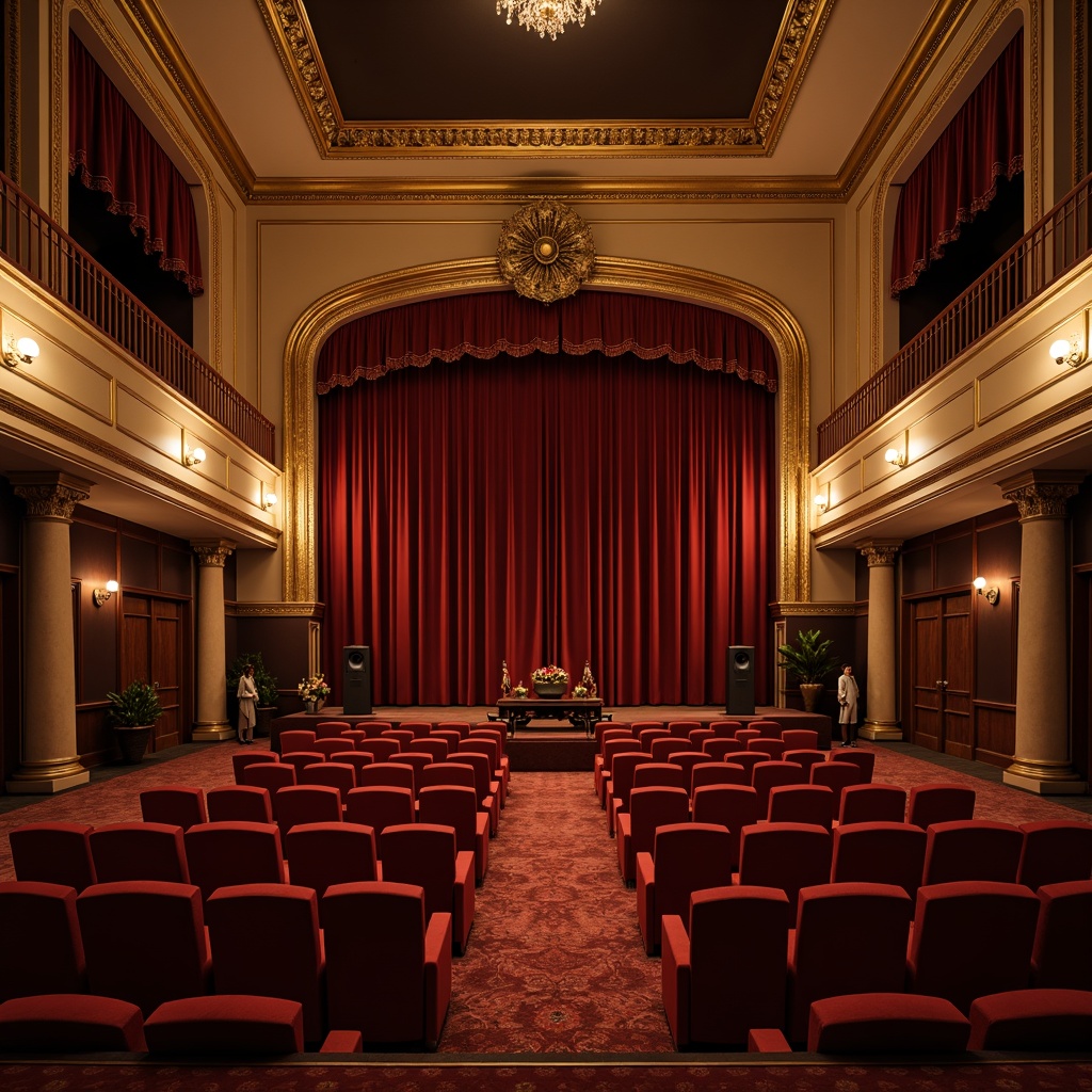 Prompt: Rich velvet curtains, warm beige walls, dark walnut wood accents, plush burgundy seats, golden lighting fixtures, ornate metallic details, elegant archways, sophisticated sound systems, lavish drapery, subtle texture contrasts, harmonious color palette, balanced composition, warm atmospheric lighting, 1/2 camera angle, cinematic perspective.