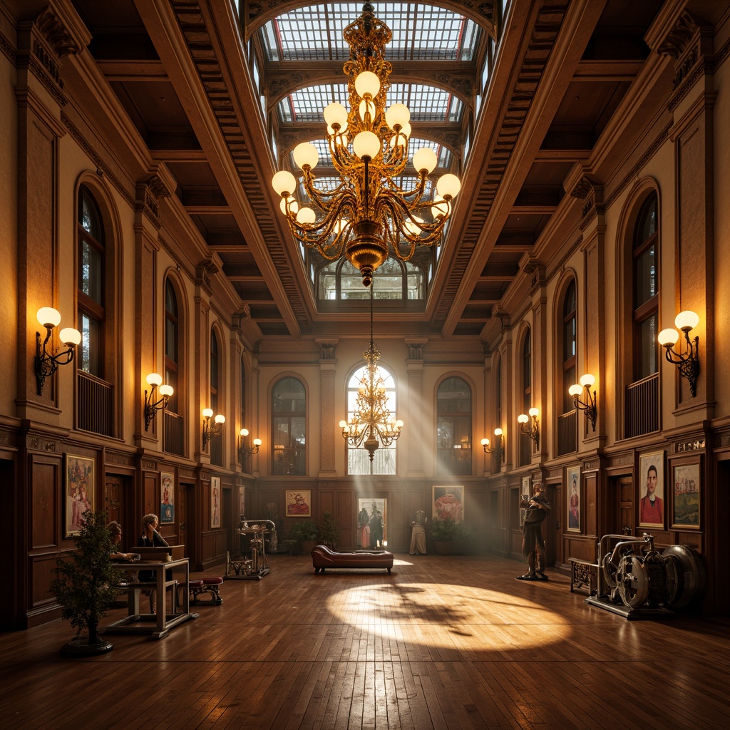 Prompt: Renaissance-style gymnasium interior, grand chandeliers, ornate sconces, warm golden lighting, softbox diffused lights, athletic equipment, wooden flooring, vintage-inspired sports posters, rich wood paneling, arched windows, stained glass ceiling, intricate moldings, luxurious velvet drapes, majestic high ceilings, dramatic spotlights, atmospheric fog effects, low-key sidelighting, 1/2 composition, cinematic lighting ratio, realistic reflections, ambient occlusion.