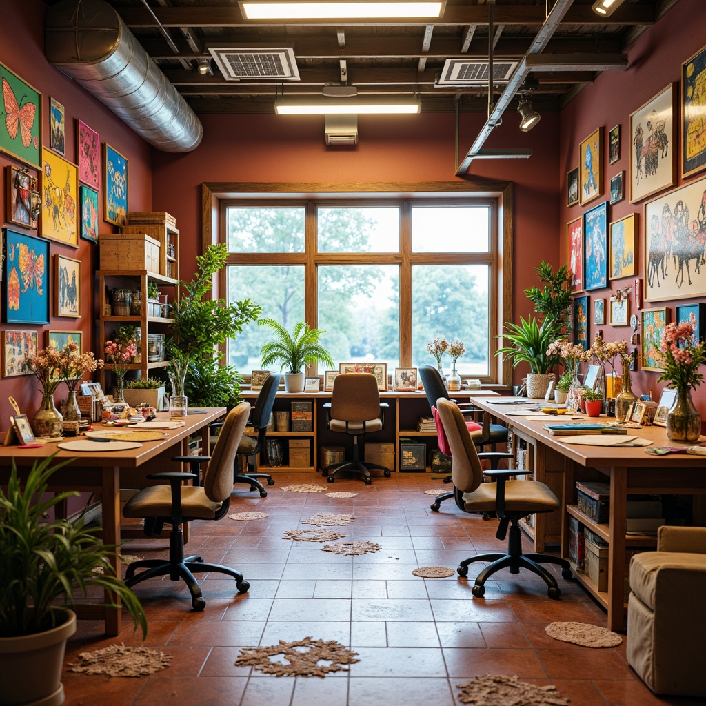 Prompt: Vibrant craft room, bold colors, creative inspiration, artistic expression, stimulating ambiance, natural light, wooden workstations, ergonomic chairs, storage bins, colorful fabrics, textured papers, eclectic decor, whimsical accents, playful patterns, energizing atmosphere, 1/1 composition, softbox lighting, realistic shadows, ambient occlusion.