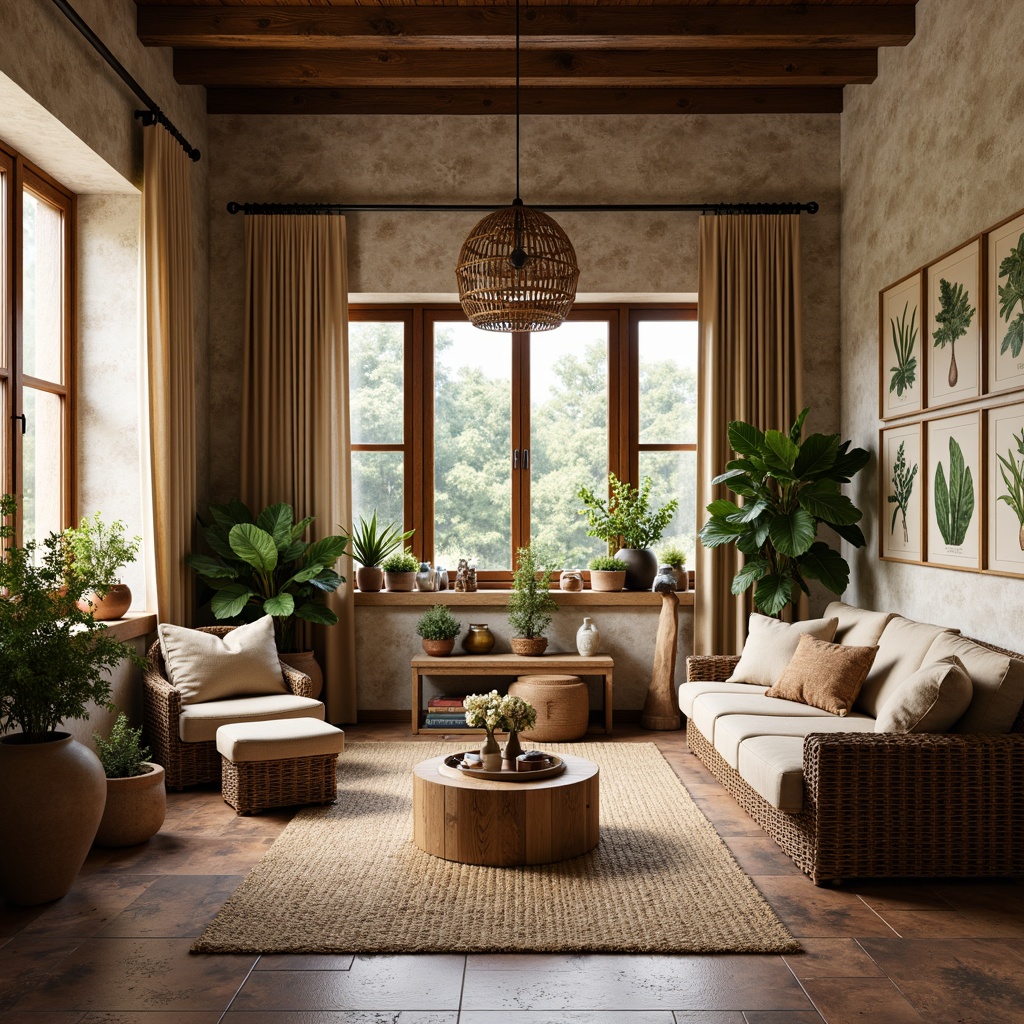 Prompt: Earthy-toned living room, natural stone walls, reclaimed wood floors, plush area rugs, woven wicker furniture, vintage botanical prints, earthy ceramics, terracotta pots, lush greenery, potted plants, warm beige sofas, jute fabrics, linen drapes, soft warm lighting, cozy reading nook, 1/1 composition, rustic textures, ambient occlusion.