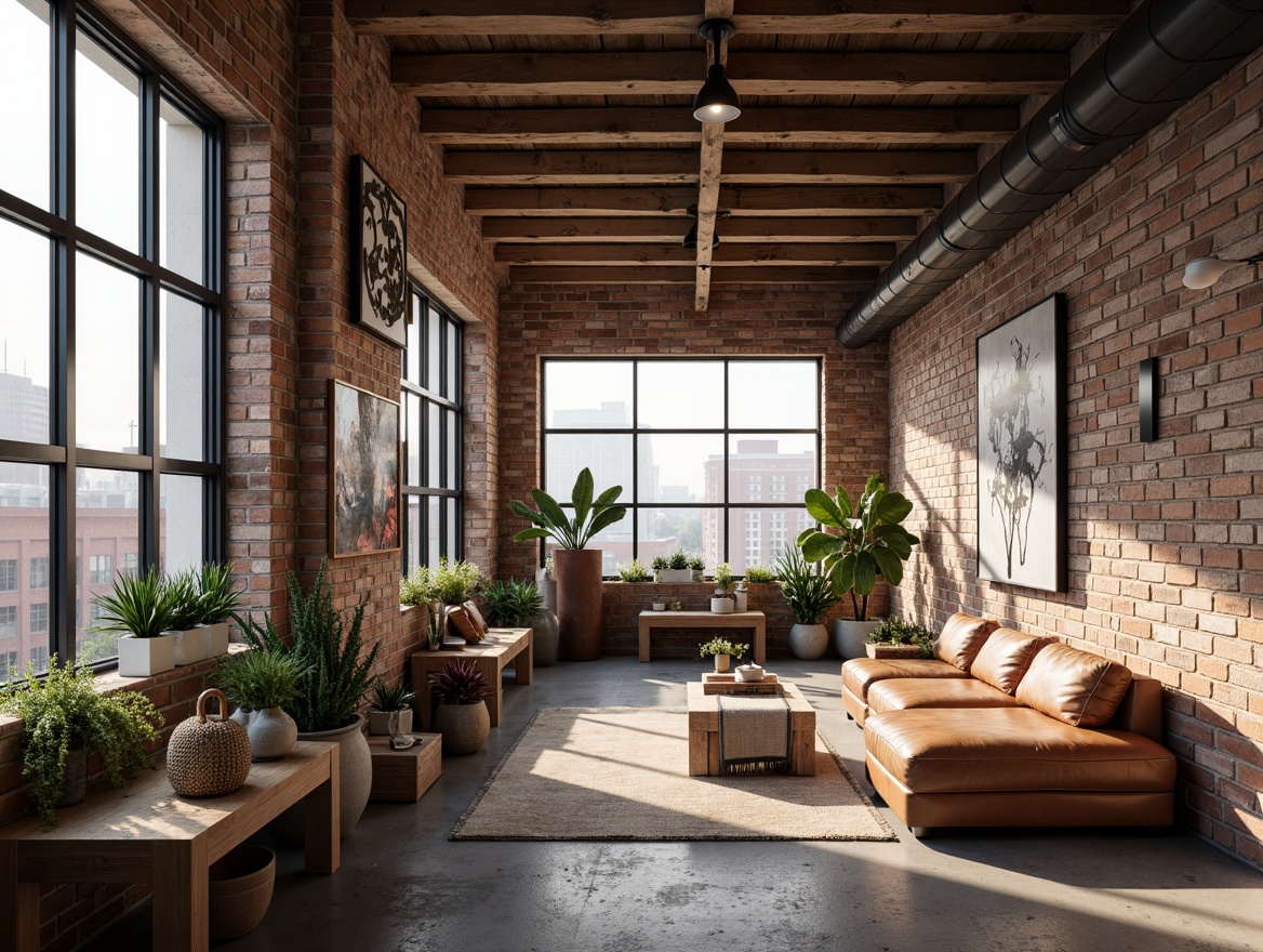 Prompt: Exposed brick walls, reclaimed wood accents, industrial metal beams, vintage decorative items, distressed leather furniture, earthy color palette, natural textiles, potted plants, minimalist decor, urban cityscape views, large windows, sliding glass doors, soft warm lighting, shallow depth of field, 1/1 composition, realistic textures, ambient occlusion.