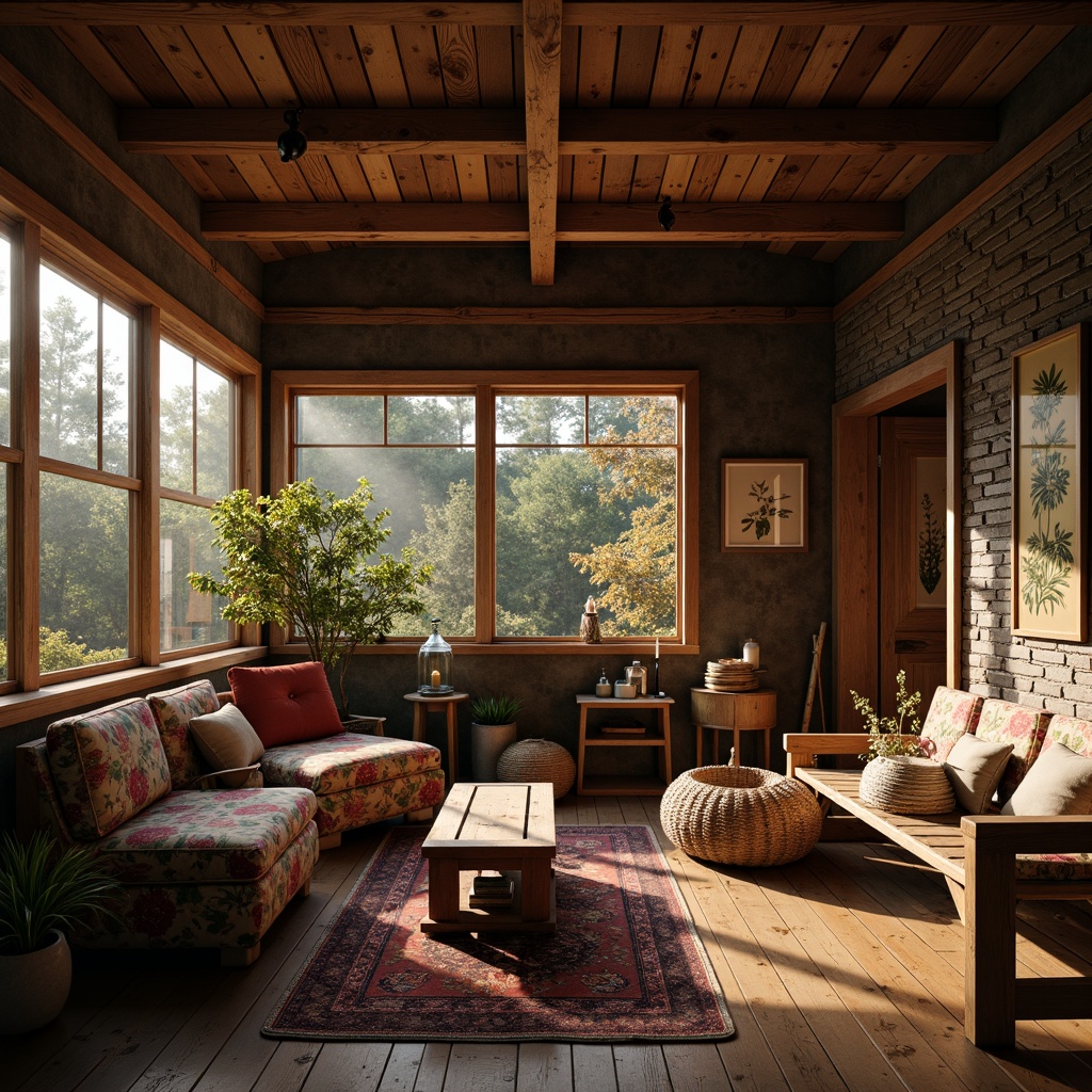 Prompt: Cozy cabin, wooden beams, vintage furniture, distressed textures, earthy tones, natural stone walls, exposed brick, metal accents, lantern lighting, warm candlelight, woven baskets, floral patterns, botanical prints, nature-inspired colors, autumn leaves, forest surroundings, misty morning, soft golden light, shallow depth of field, 1/2 composition, intimate atmosphere.