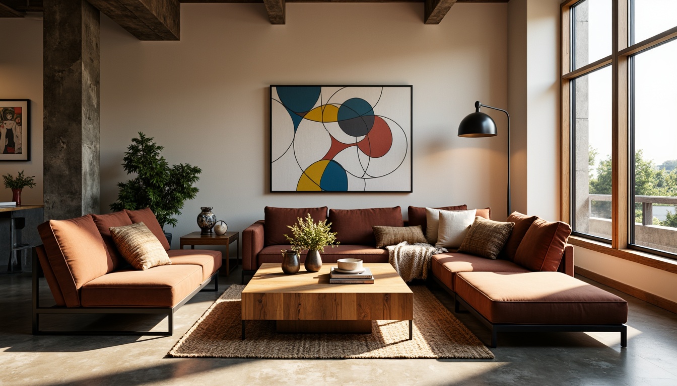 Prompt: Mid-century modern living room, sleek wooden coffee table, velvet sofas, abstract artwork, industrial metal floor lamps, woven jute rug, minimalist decor, large windows, natural light, urban loft atmosphere, warm beige walls, polished concrete floors, contemporary sculptures, geometric patterns, bold color accents, cozy throw blankets, 3/4 composition, shallow depth of field, soft warm lighting.