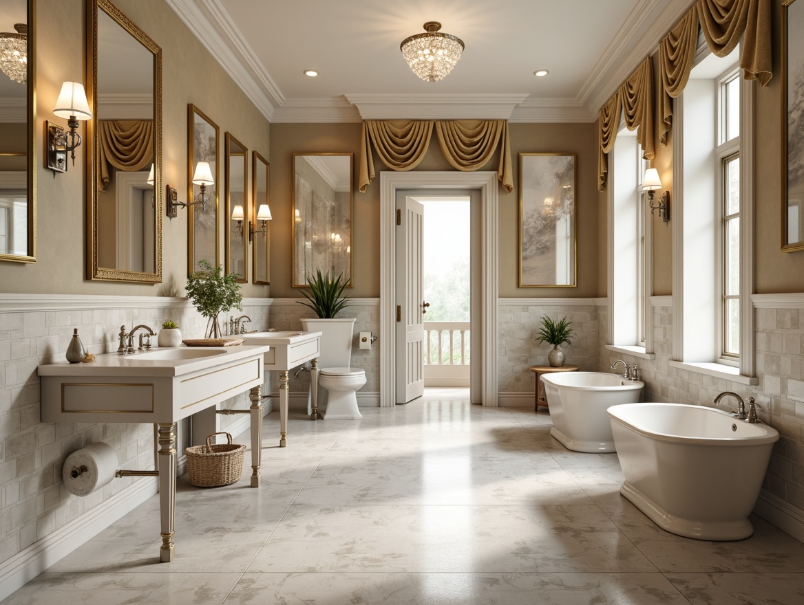 Prompt: Timeless bathroom classicism style, white Carrara marble countertops, soft gray limestone flooring, polished chrome faucets, crystal glass pendant lights, elegant ornate mirrors, creamy white subway tiles, warm beige walls, decorative moldings, classic pedestal sinks, ornate metal door handles, luxurious velvet drapes, soft golden lighting, shallow depth of field, 1/1 composition, realistic textures, ambient occlusion.