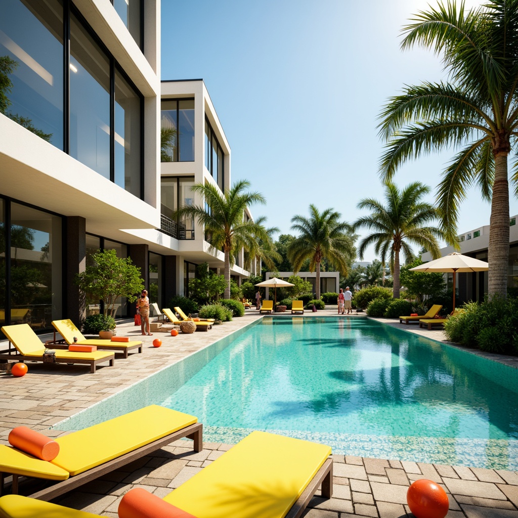 Prompt: Vibrant pool deck, turquoise water, bright yellow lounge chairs, orange beach balls, colorful tile mosaics, sleek modern architecture, lush greenery, tropical palm trees, warm sunny day, shallow depth of field, 1/1 composition, soft warm lighting, realistic textures, ambient occlusion.