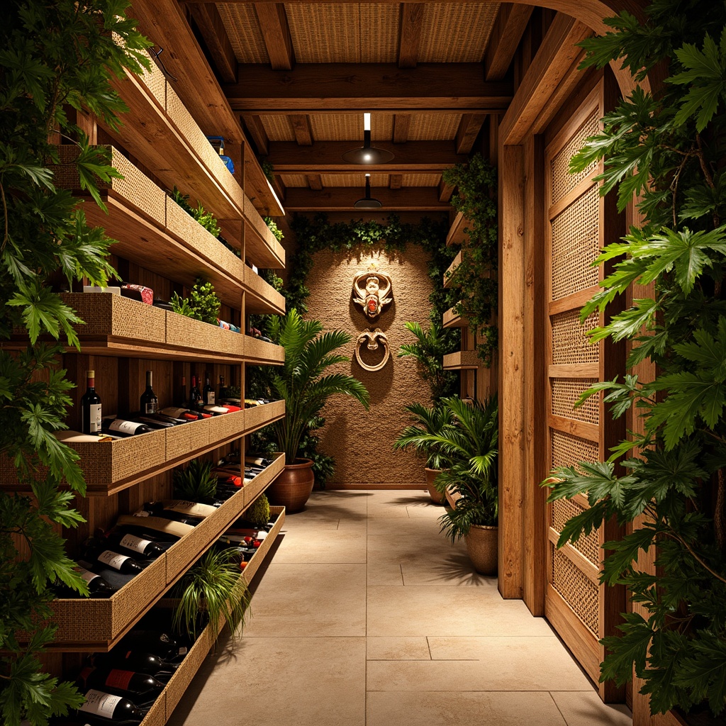 Prompt: Exotic tropical wine cellar, reclaimed wood wine racks, woven rattan shelves, natural fiber textiles, vibrant greenery, lush foliage, warm golden lighting, rustic metal accents, curved wooden archways, organic shapes, earthy tones, Polynesian-inspired carvings, colorful tiki masks, woven bamboo walls, natural stone flooring, humidity-controlled environment, soft focus blur, 1/2 composition, cozy atmosphere.