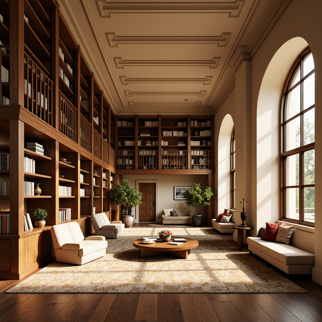 Prompt: Elegant library interior, warm beige walls, rich wood accents, plush carpeting, comfortable reading nooks, floor-to-ceiling shelves, ladder bookcases, ornate metal railings, decorative archways, soft cream lighting, natural stone columns, built-in window seats, velvet armchairs, rounded wooden tables, modern minimalist decor, geometric patterned rugs, warm golden lighting, shallow depth of field, 1/1 composition, realistic textures, ambient occlusion.