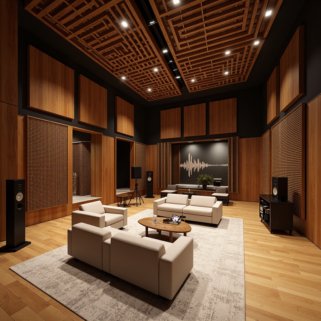 Prompt: Soundproof recording studio, wooden acoustic panels, soft padded upholstery, geometric patterned fabrics, professional audio equipment, microphone stands, sound wave graphics, minimalistic interior design, warm ambient lighting, 1/1 composition, shallow depth of field, realistic textures, ambient occlusion.Please let me know if you need any adjustments!