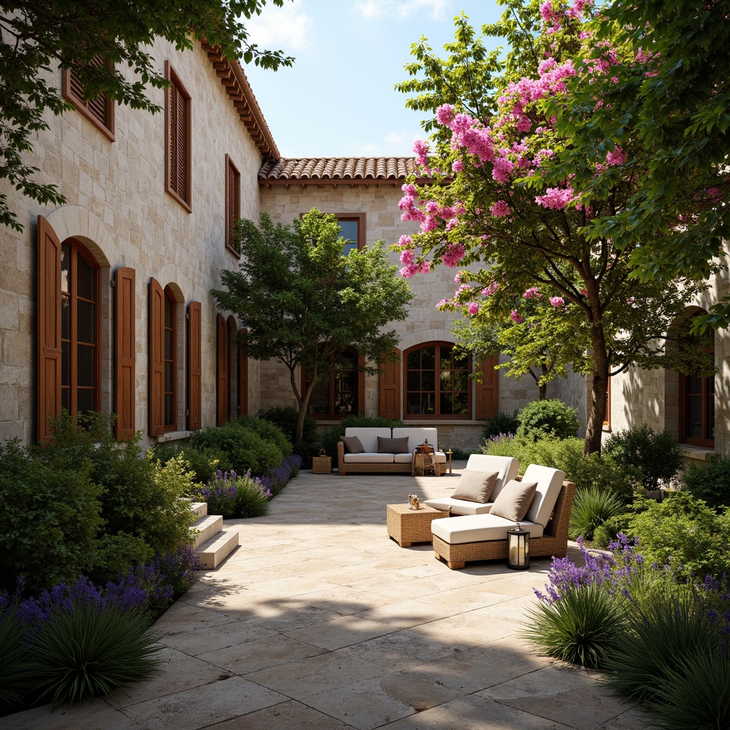 Prompt: Tranquil Mediterranean courtyard, lush greenery, vibrant bougainvillea, rustic stone walls, arched windows, wooden shutters, clay tile roofs, outdoor living spaces, comfortable seating areas, natural textiles, woven rattan furniture, warm lantern lighting, soft afternoon sun, shallow depth of field, 1/1 composition, intimate view, realistic stone textures, ambient occlusion.