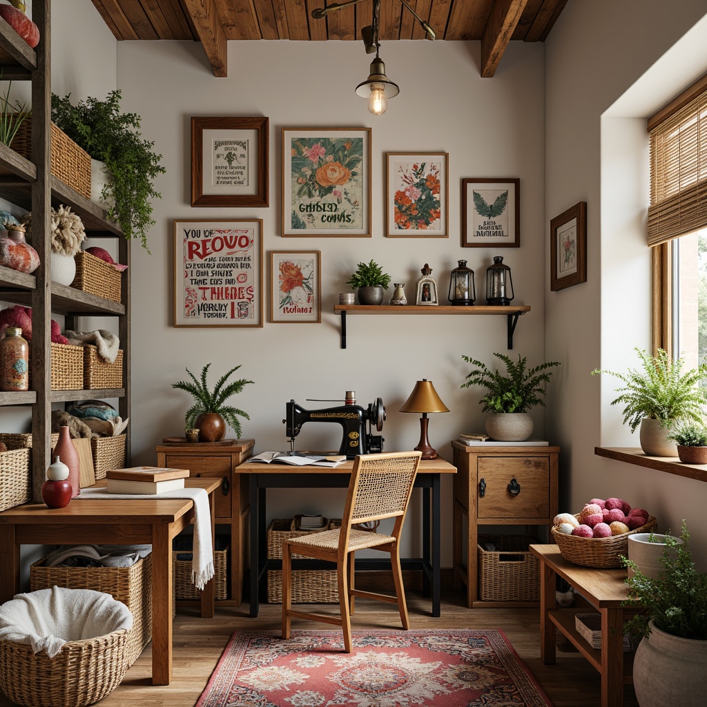 Prompt: Cozy craft room, rustic wooden tables, vintage sewing machines, colorful yarn baskets, woven wicker chairs, inspirational quotes, soft pastel colors, natural textiles, floral patterns, warm lighting, distressed wood shelves, eclectic decorative items, antique cameras, artistic paintings, creative storage bins, ornate metal lanterns, whimsical fabric scraps, earthy ceramic vases, fragrant essential oils, bohemian-style rugs, laid-back atmosphere, 1/1 composition, soft focus, realistic textures.